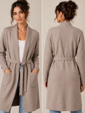 Ophelia Roe belted knit cardigan coatigan taupe minimalist soft wrap size S